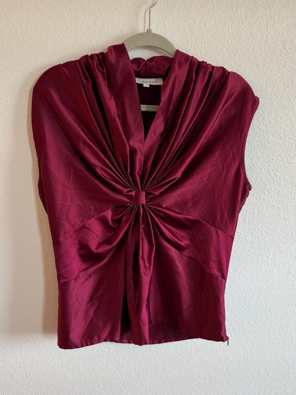 Calvin Klein Sleeveless Satin Twist-Front Top - Burgundy